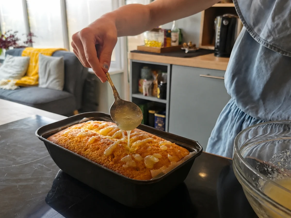 Warm lemon drizzle loaf cake being topped with lemon-sugar drizzle