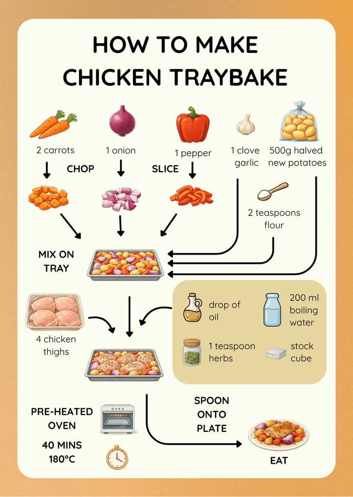 Chicken Traybake visual recipe card for kids with step-by-step picture instructions
