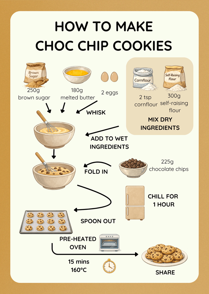 Choc Chip Cookies visual recipe card for kids with step-by-step picture instructions