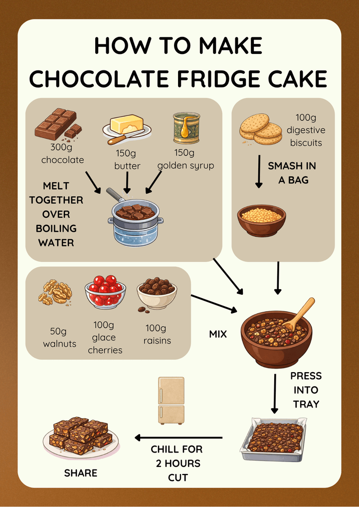 Chocolate Fridge Cake visual recipe card for kids with step-by-step picture instructions