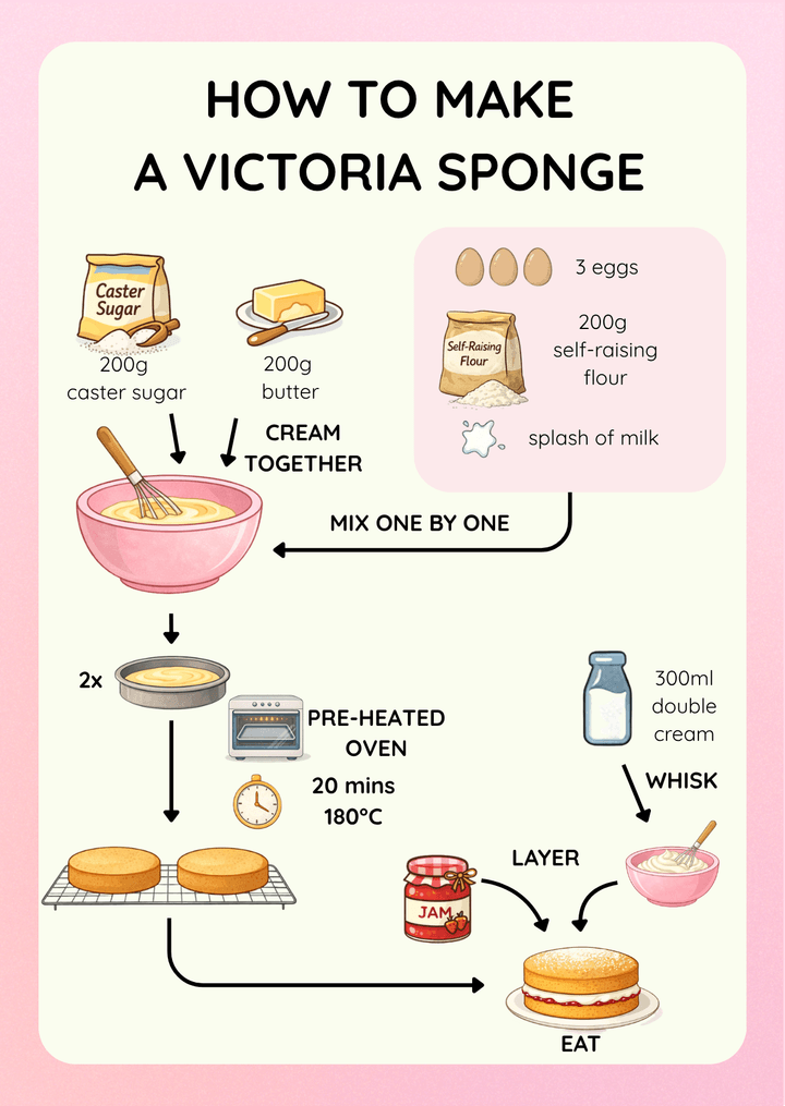 Victoria Sponge visual recipe card for kids with step-by-step picture instructions